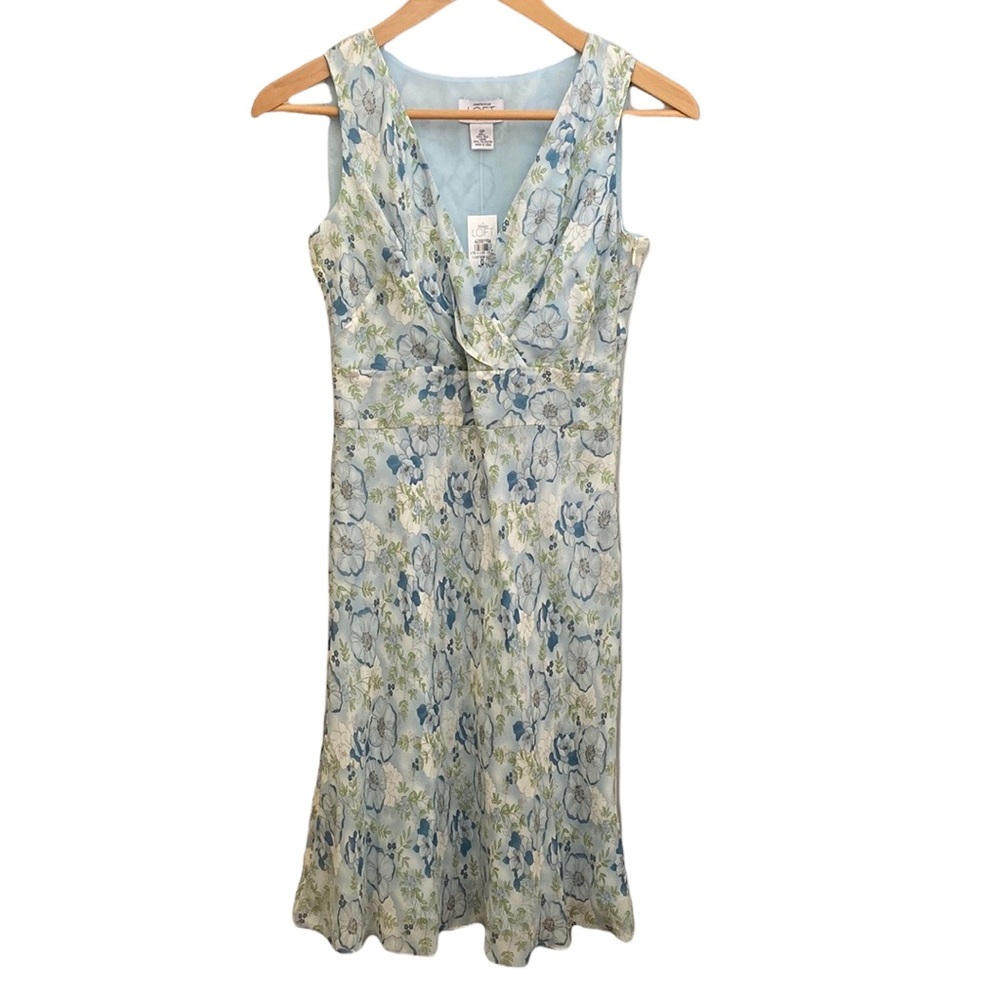LOFT Light Blue and Green Floral Midi Dress